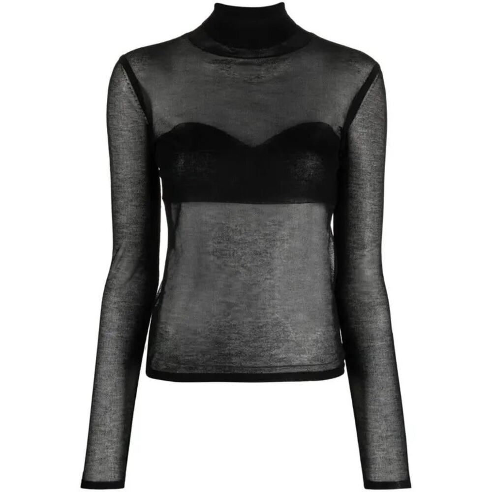 NINA RICCI Semi-Sheer High-Neck Knit Long Sleeve Top Small Black Night Out Sleek